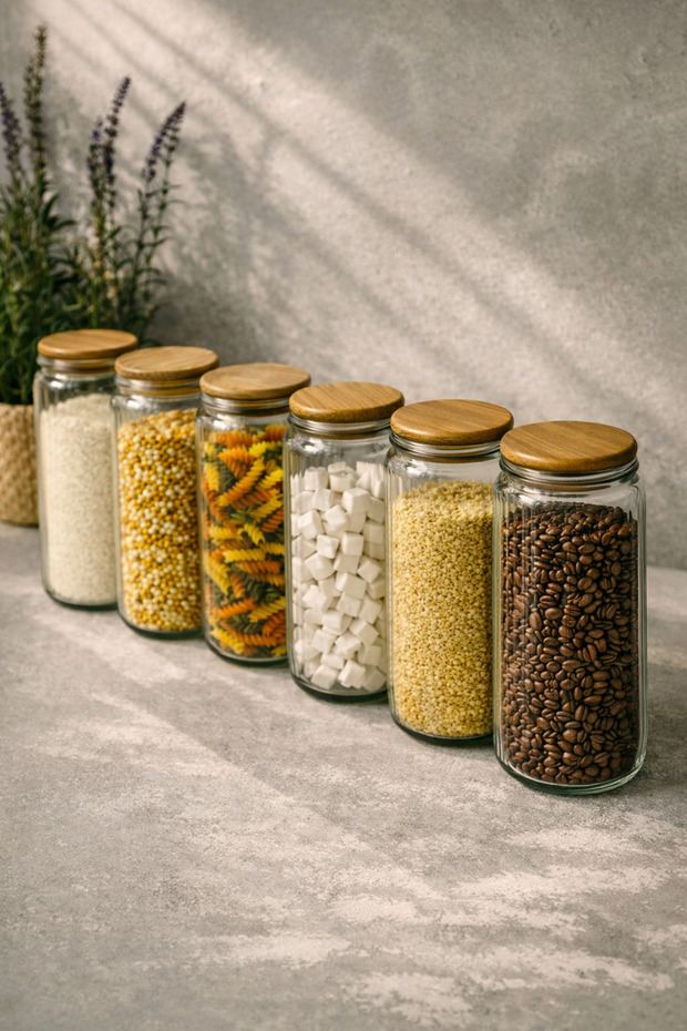 6-Piece Glass Storage Container Set - Vacuum Kitchen Organization Jars with Wooden Lids 1500 ml