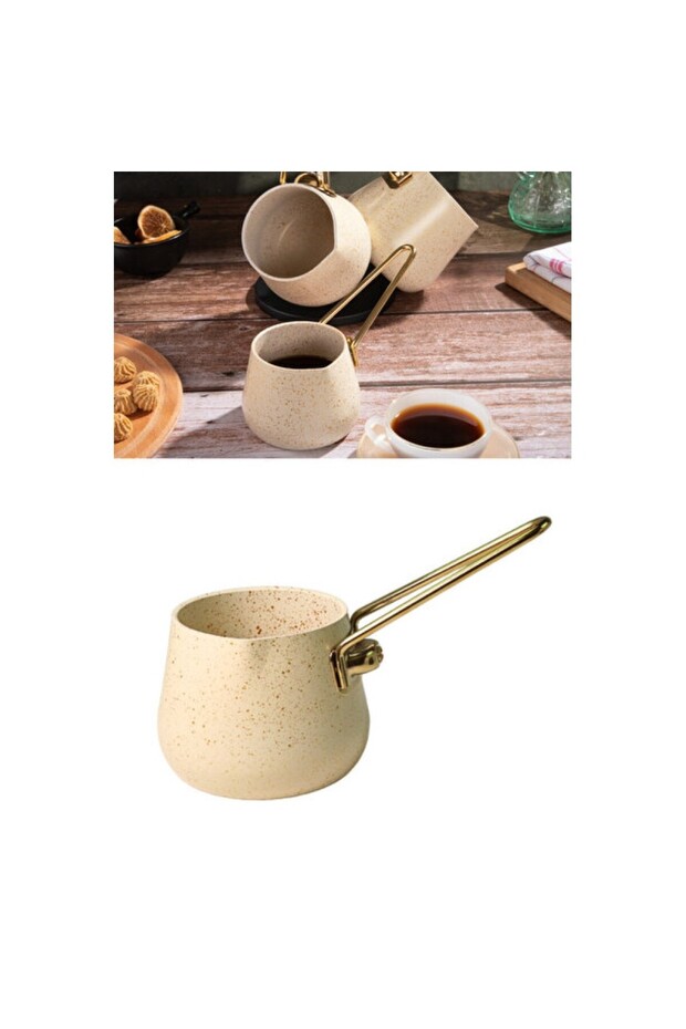 Cream Round Coffee Pot No:3, Gold Steel Handle, 3 Coffee Cup Capacity