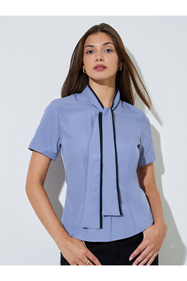 Purple Short Sleeve Blouse with Neck-Tie Detail