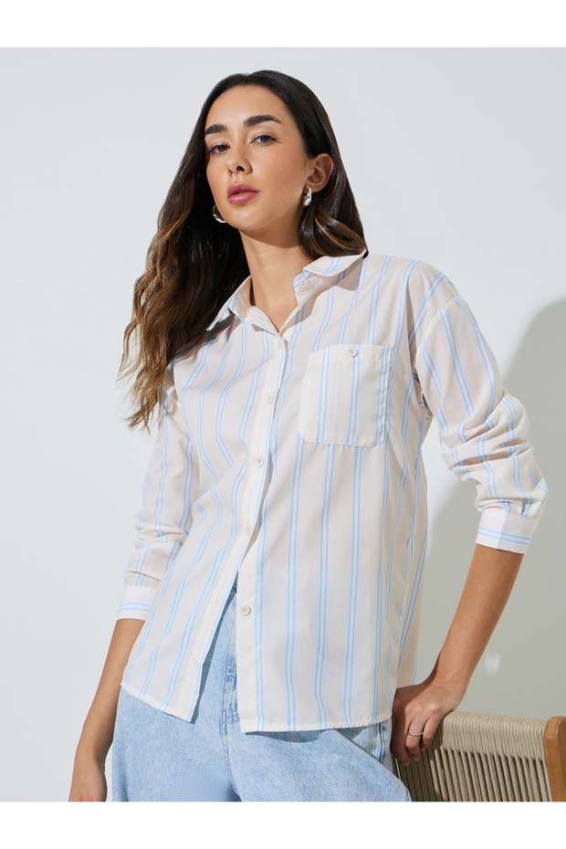 Cream Striped Casual Shirt
