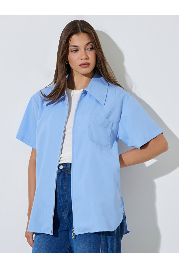Blue Zip-Up Oversized Shirt