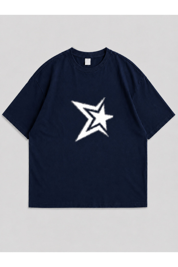 Unisex Y2K Star Printed Oversized T-Shirt Navy Blue
