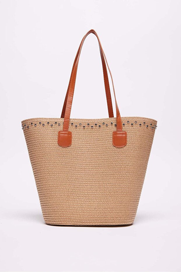 Women's Studded Detailed Straw Shoulder Bag