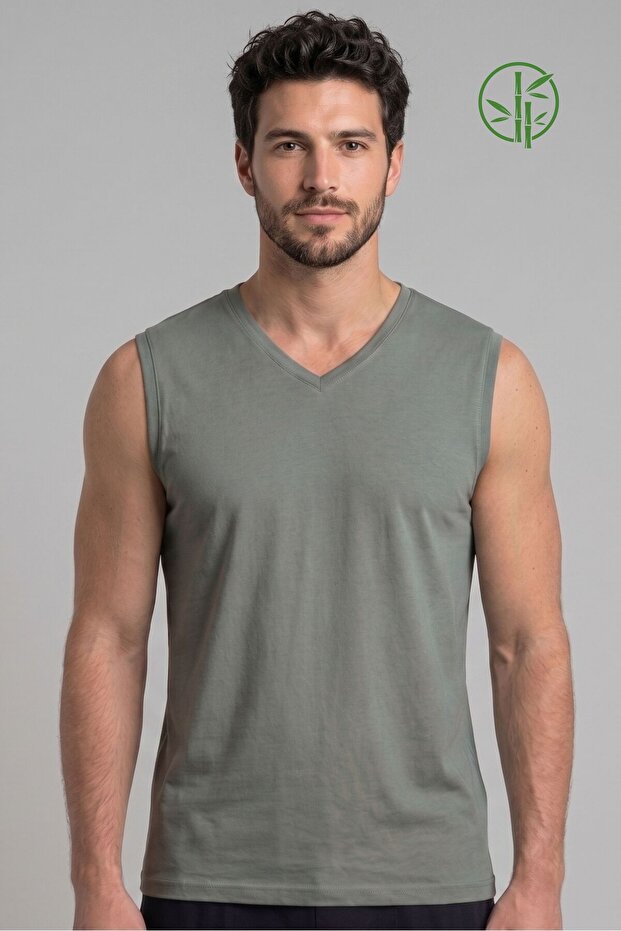 Men's Nefti Green Bamboo V-Neck Zero Sleeve T-Shirt