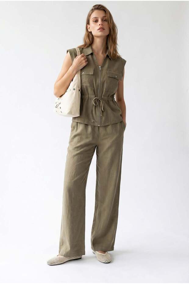 2150 Women's Linen Look Zippered Vest Pants Set Khaki