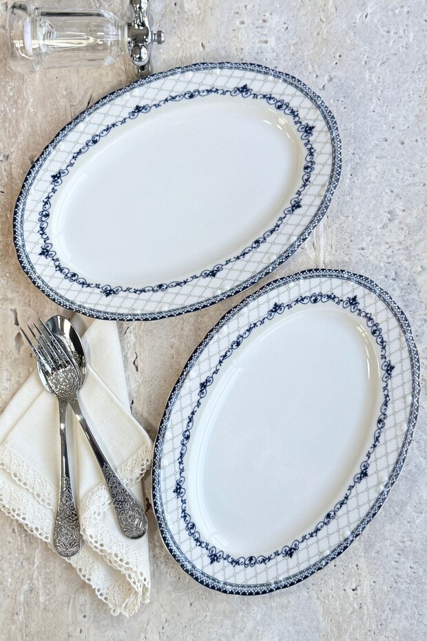 Victoria 2-Piece 30 cm Premium Porcelain Large Size Kayık Presentation Serving Set Blue Gray Modern Patterned