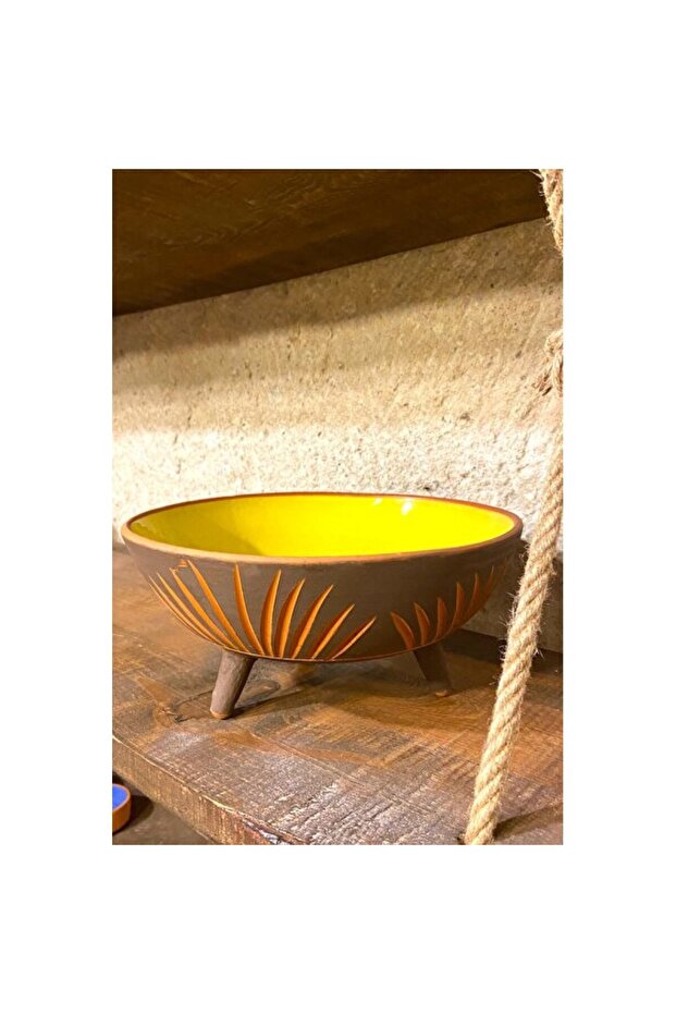 Handmade Earthenware Yellow Presentation Bowl, Decorative Fruit Bowl 26 cm