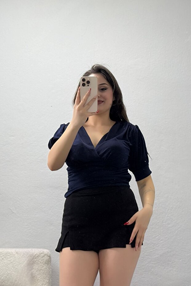 Double-Breasted Collar Sandy Blouse Navy Blue - 71802.2023.