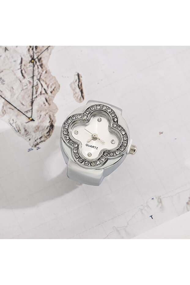 Luxury Clover Dial Finger Watch Women Adjustable Quartz Ring Watch Crystal Clover