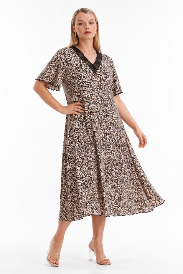 Bamboo Viscose Fabric V Lace Collar Detailed Flared Dress