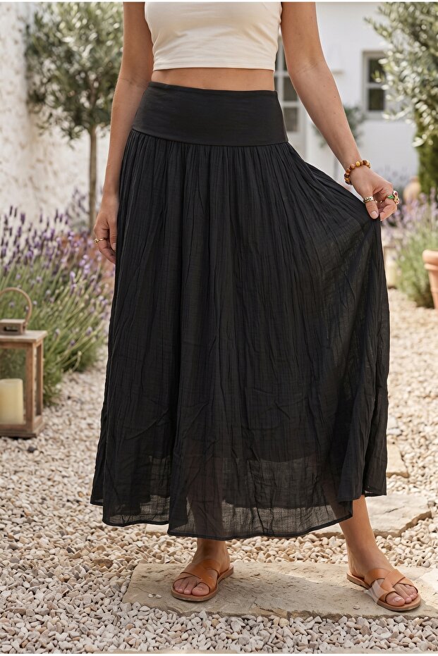 Black Lined Foldable Fabric Waist Casual Cotton Long Woven Skirt 95 65