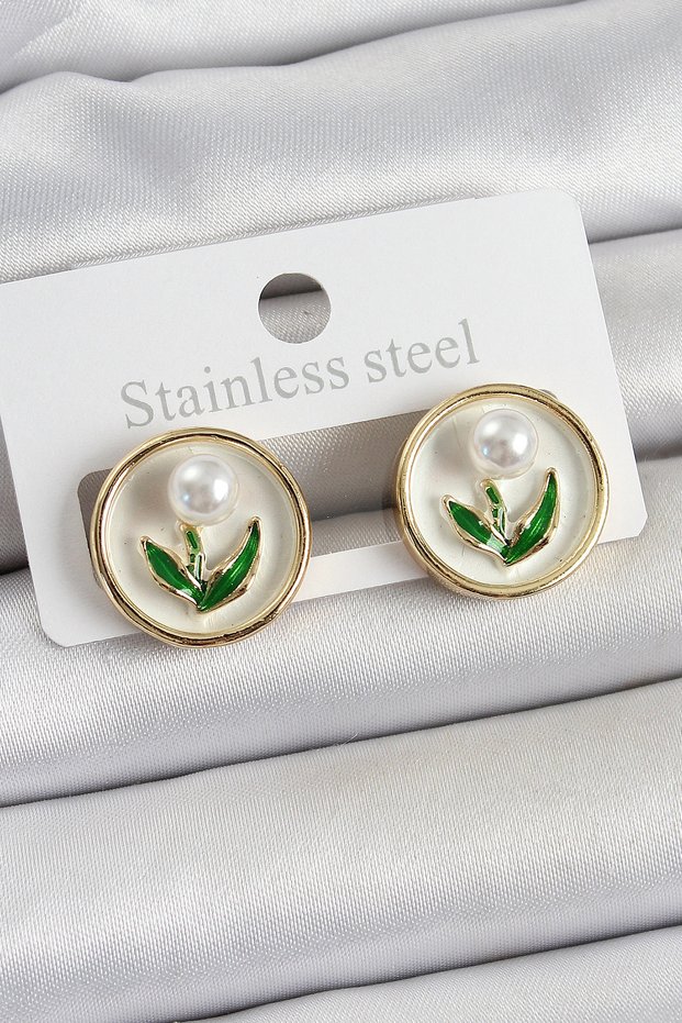 Brass White Enameled Tulip Figured Artistic Portrait Model Gold Color Women's Earrings