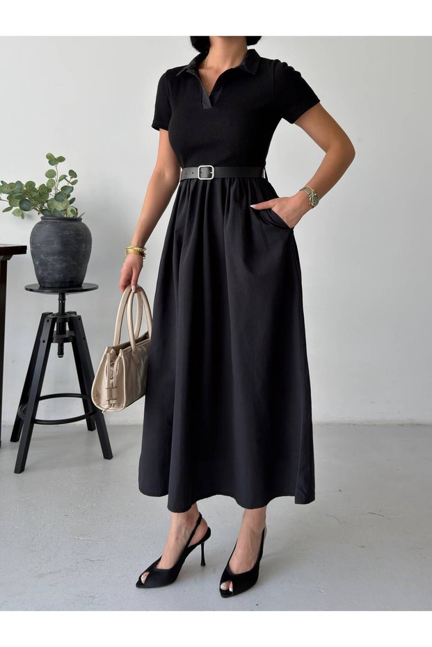 Women's Black Polo Collar Belted Poplin Skirted Maxi Dress Get26380