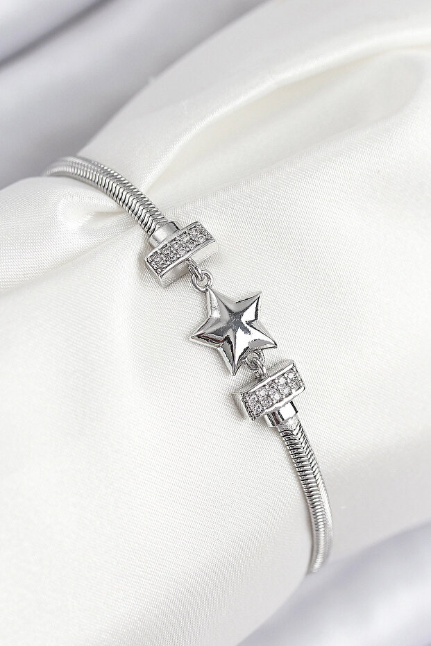 Brass Zircon Stone Clover Model Silver Color Women's Bracelet