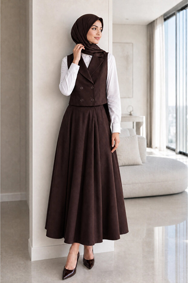 Women's Brown Double-Breasted Vest Skirt Double Hijab Set