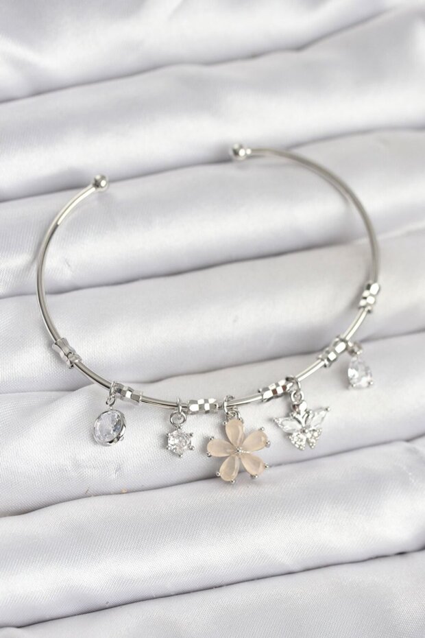 Silver Color Brass Women's Bracelet with Flower and Butterfly Charms