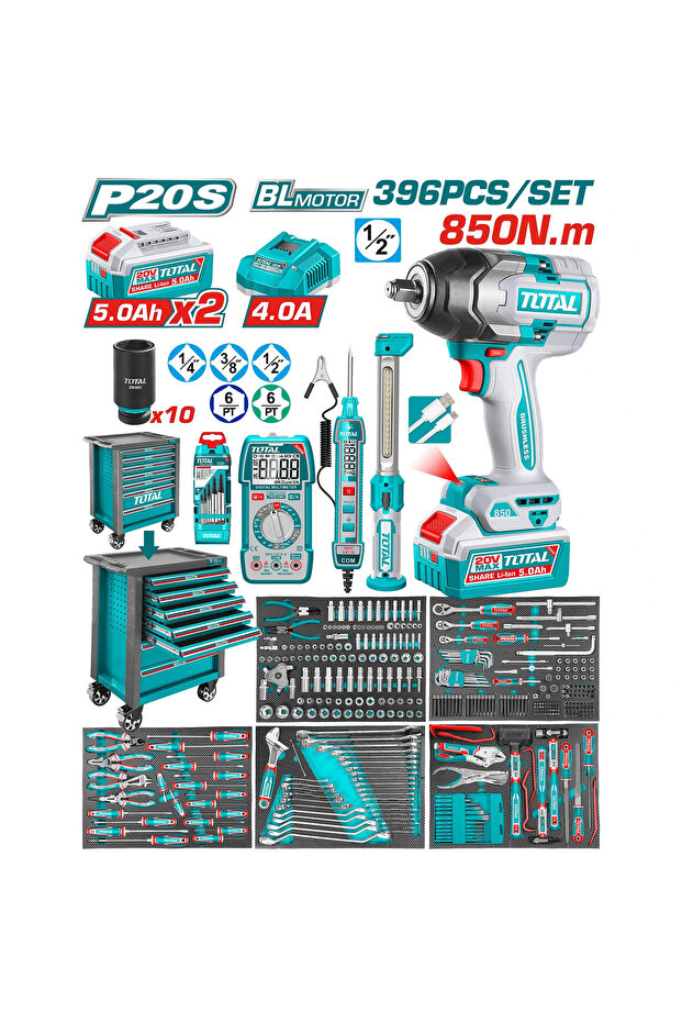 دولاب عدة كامل 1/2"&1/4"&3/8" 396PCS/SET مع دريل كفرات 850Nm