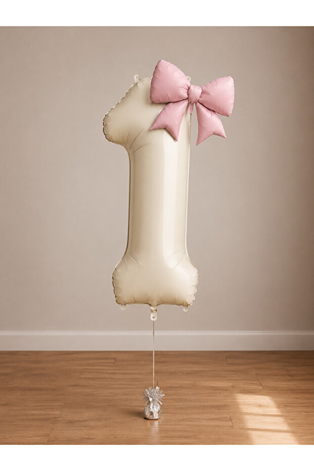 -1- Age Beige Number Powder Pink Bow Foil Balloon Set