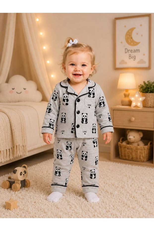 100% Cotton Long Sleeve Buttoned Seasonal Panda Patterned Soft Textured Bottom and Top Unisex Baby Pajama Set for Girls and Boys