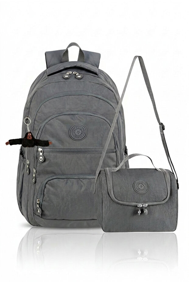Bag Trend 2-Piece Set Luxury Crinkle Fabric High School and Middle School Backpack + Lunch Bag, with Monkey Keychain Gift