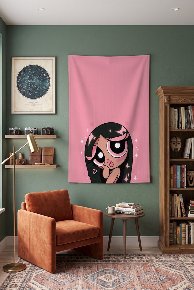 Powerpuff Girls Style Aesthetic Pink-Eyed Character Wall Cloth – Modern Decorative Quality Fabric Tapestry Wall Tapestry
