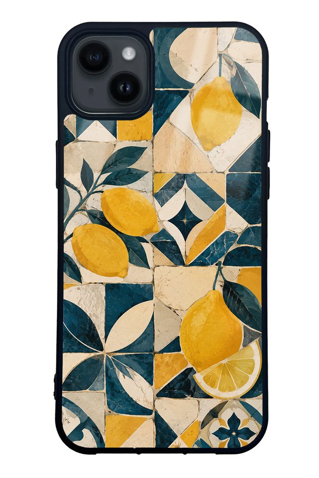iPhone 14 Plus Glossy Phone Case with Mediterranean Lemon Mosaic Design
