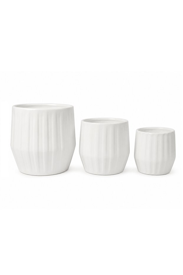 Decorative Ceramic Plant Pots Set of 3 for Indoor & Outdoor Plants – Modern Ribbed Flower Planters, White Ceramic Pots for Home, Office, Balcony, Garden & Living Room Décor
