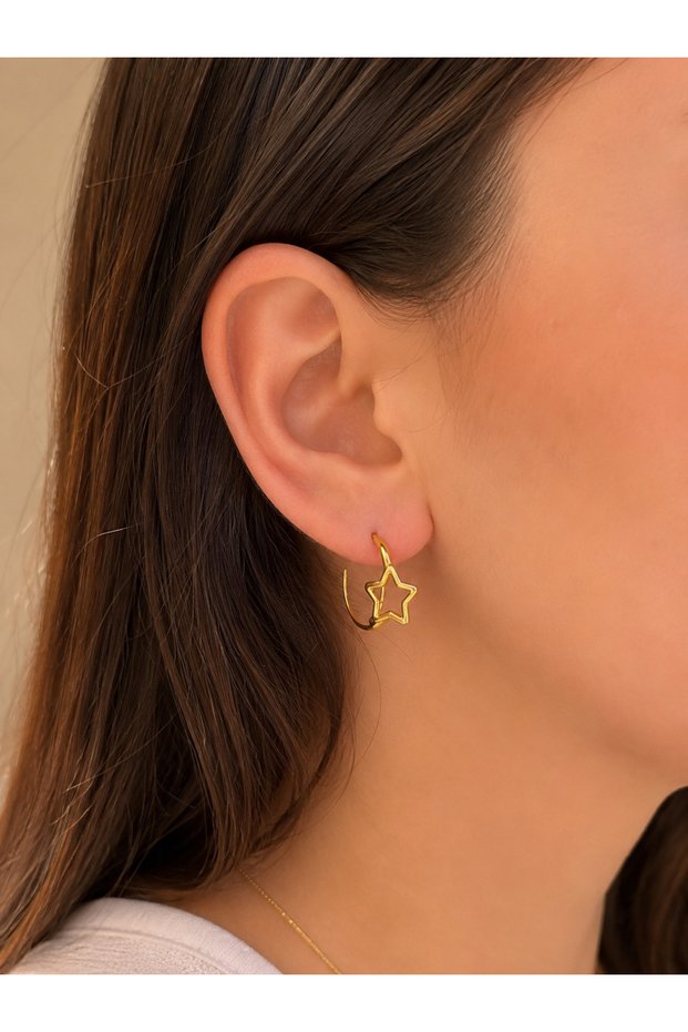 316L Stainless Steel Gold Star Detailed Hoop Earrings – Women's Daily Stylish Earrings