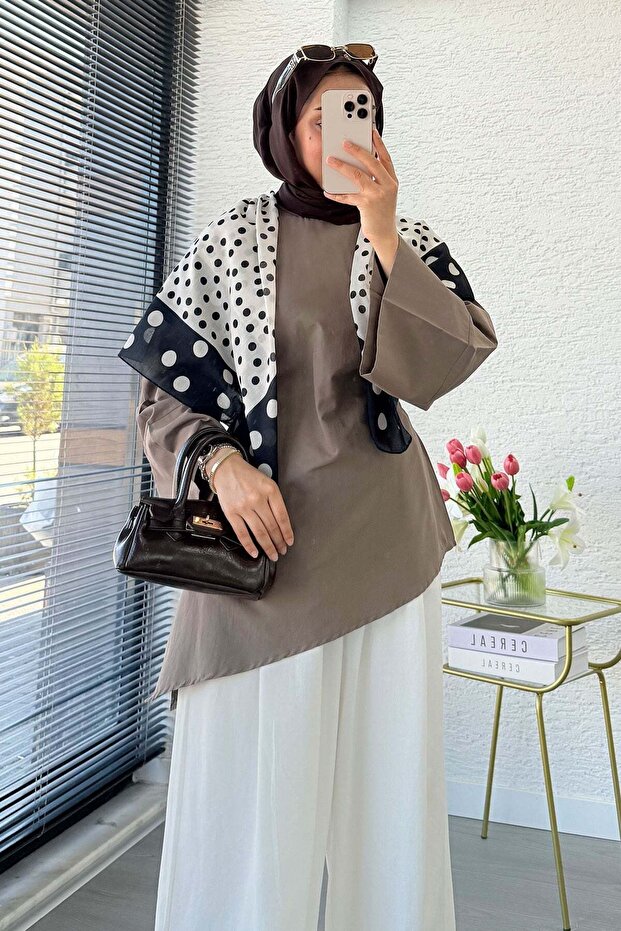 Asymmetrical Cut Tie-Back Poplin Blouse - Light Brown