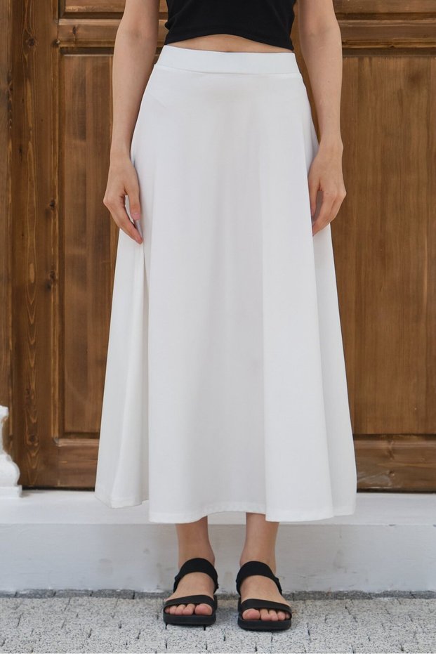 White Women's Puff Scuba Flared Long Skirt with Elastic Waist