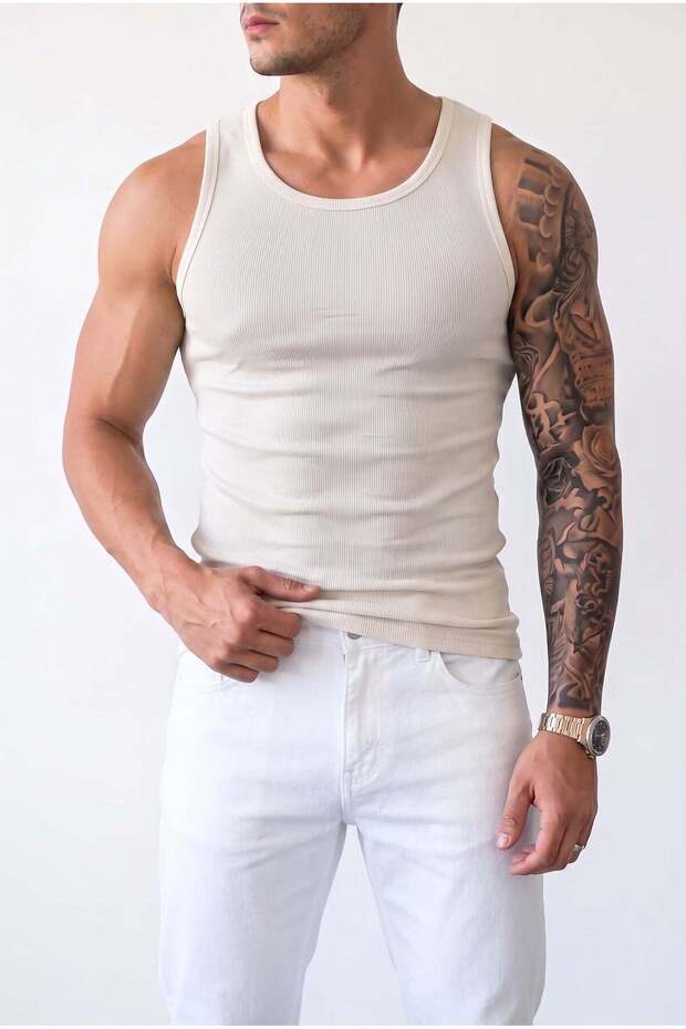 Men's White Color Halter Neck Detailed Streetwear Tank Top