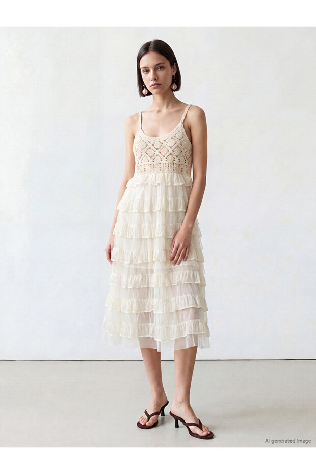 White U-Neck Ruffle Crochet Dress with Rope Straps