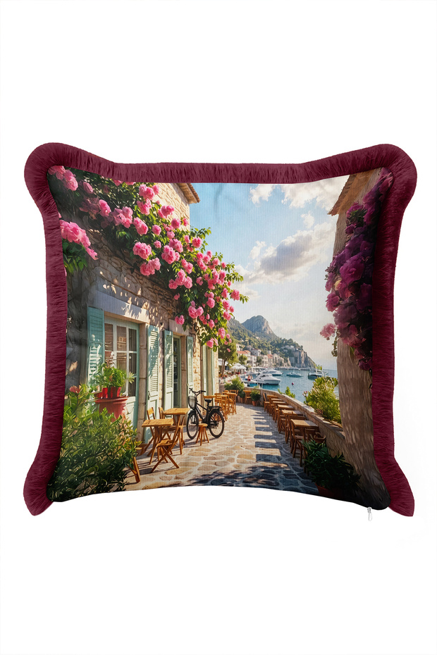 Mediterranean Coast View Floral Fringed Pillowcase-Marina Boho Blue Burgundy Tassel Throw Pillow Cover