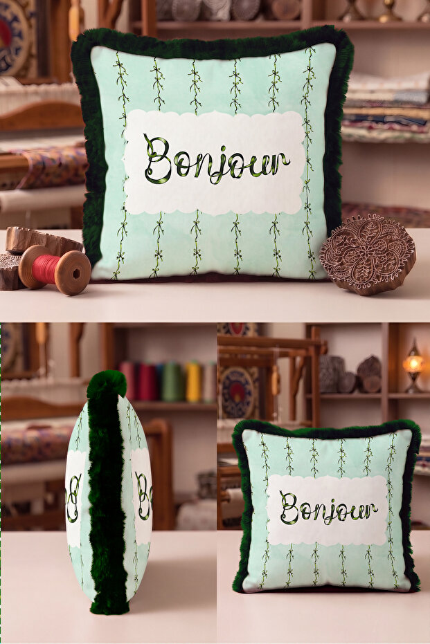 Botanical Vintage Bonjour Fringed Pillowcase - Romantic Spring Mint Green Tassel Throw Pillow Cover