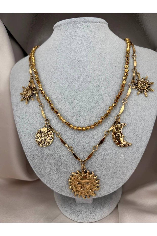 Women's Gold Color Layered Necklace with Sun and Moon Figures Vintage Bohemian Charm Neck Chain