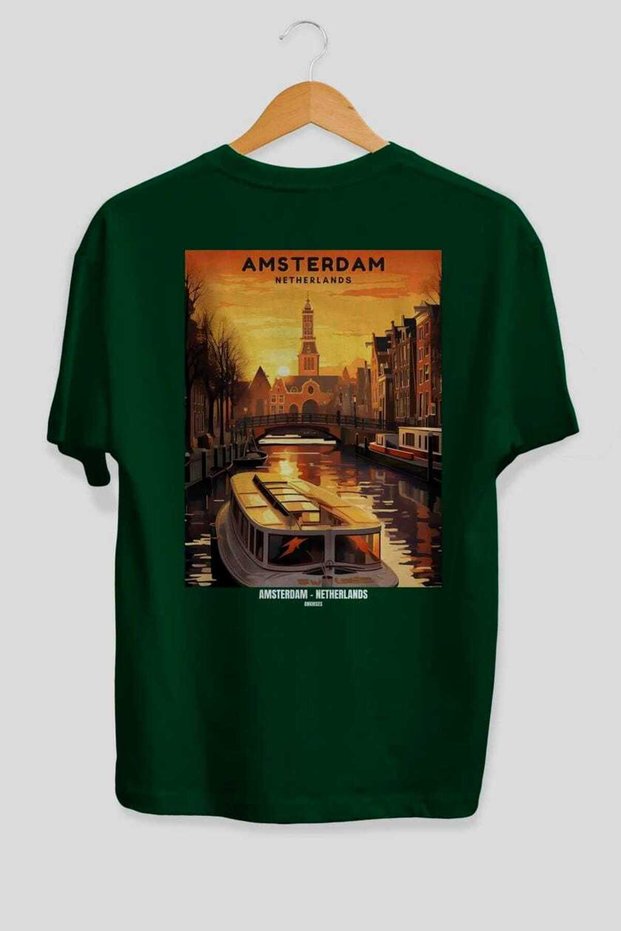 Amsterdam Netherlands 3 Green Oversize Country City Back Printed Unisex T-Shirt 100% Cotton Premium