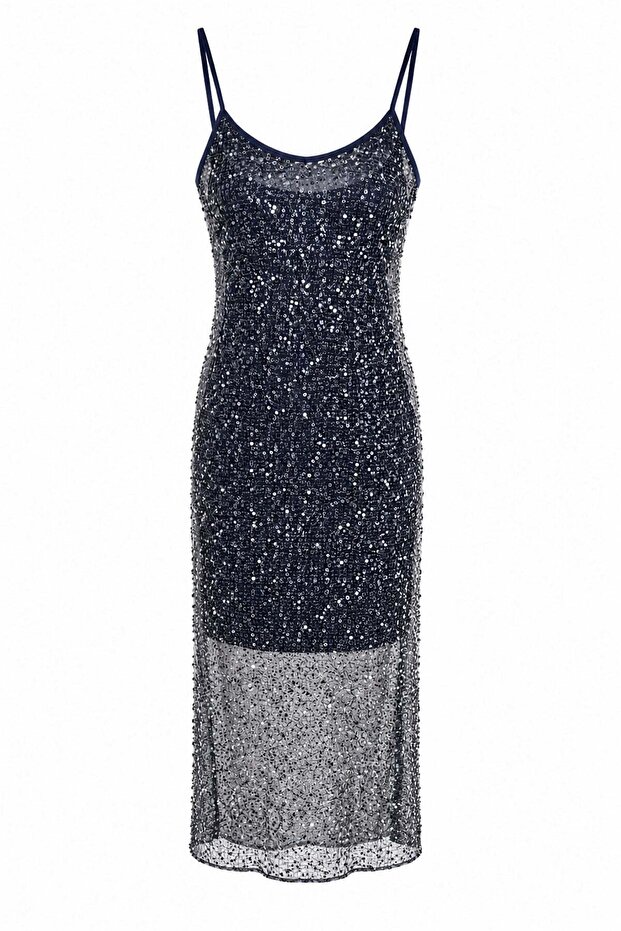 Rope Strap Glittering Sequined Dress Navy Blue