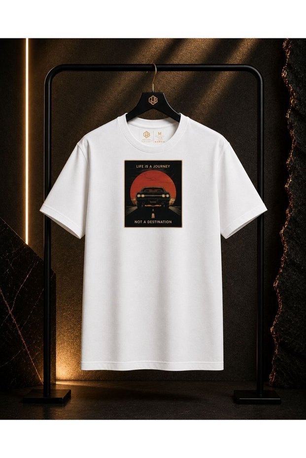 Unisex Life Is a Journey Retro Printed 100% Cotton Oversize Crew Neck Short Sleeve T-Shirt White