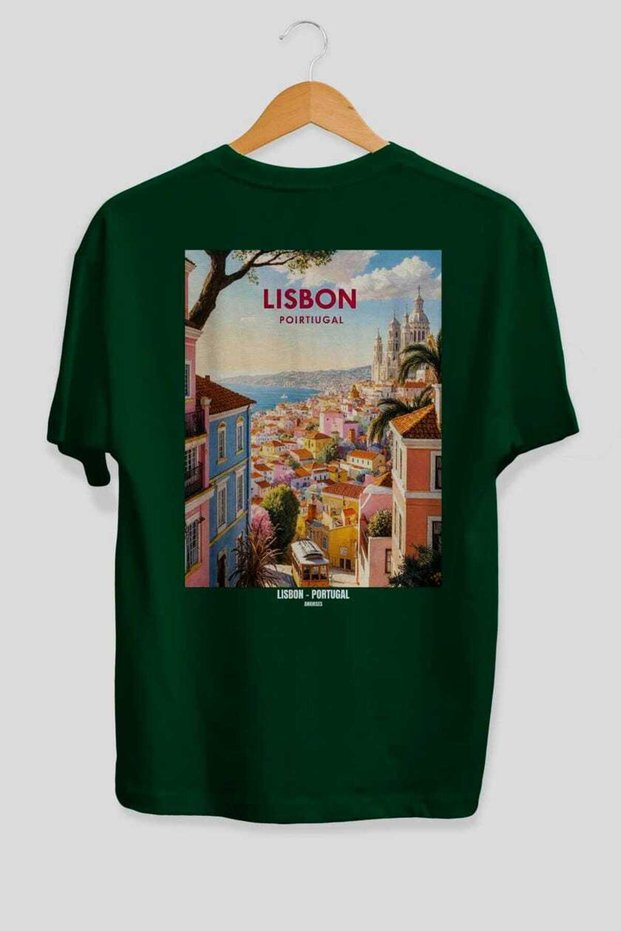 Lisbon Portugal Green Oversize Country City Back Printed Unisex T-Shirt 100% Cotton Premium