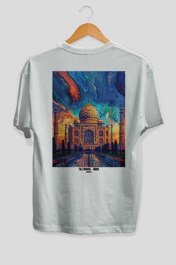 Taj Mahal India White Oversize Country City Back Printed Unisex T-Shirt 100% Cotton Premium