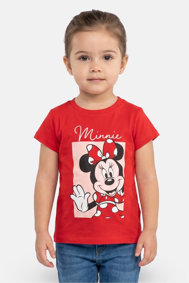 Toddlers Girl Crew Neck Short Sleeve Mickey Minnie Print T-Shirt, Red