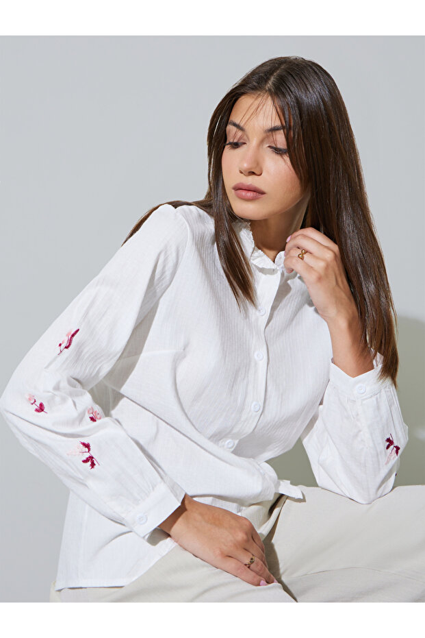White Embroidered Button Front Blouse