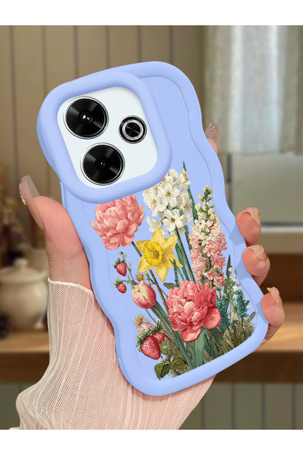 Redmi 13 4g Compatible Case Camera Protector Blue Silicone Couple Phone Case Floral Pattern