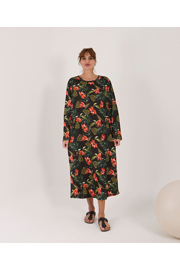 Plus Size Crew Neck Long Sleeve Women's Comfortable Fit Nightgown(Dress) Floral Patterned 100% Cotton