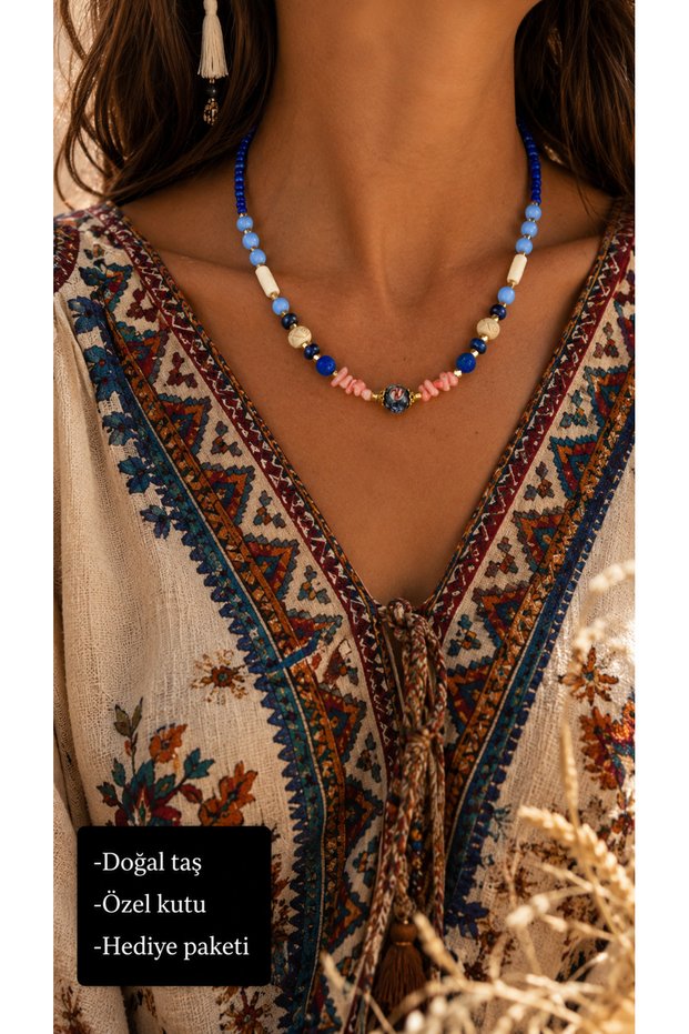 Natural Stone Ocean Breeze Necklace – Handmade Design Necklace with Blue Stone Detail