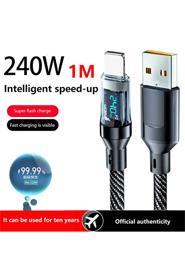 كابل USB-A إلى Lightning بطول 1 متر، كابل Type C إلى Type C بقوة 240 واط للشحن السريع الفائق للهواتف مع شاشة LED رقمية
