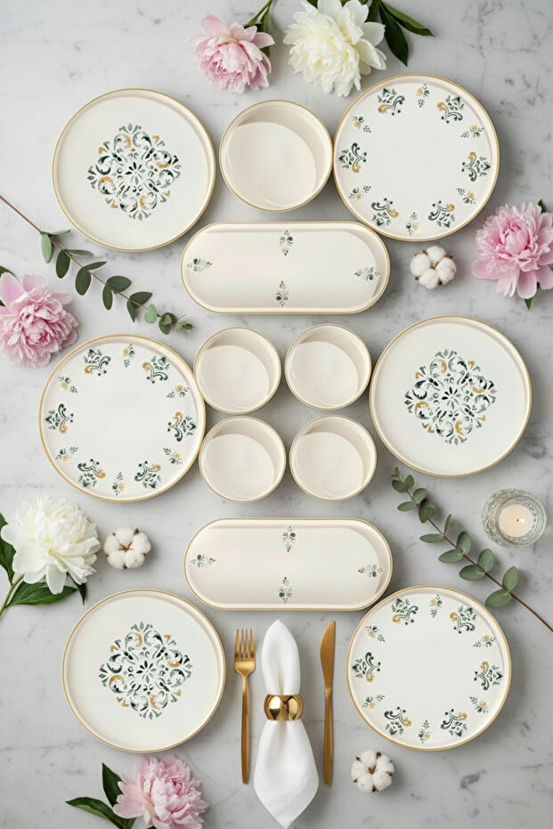 D-Harma Breakfast Set for 6 People – 14-Piece Stackable Ceramic Breakfast and Presentation Plate Set