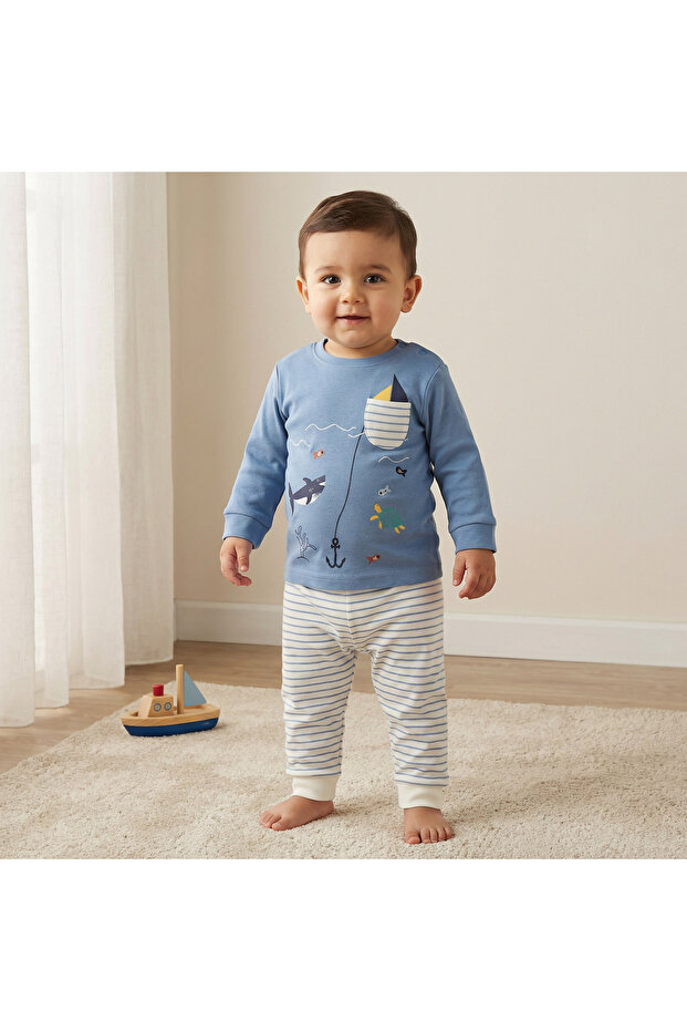 Cotton Long Sleeves Pyjama Set with Underwater Embroidery