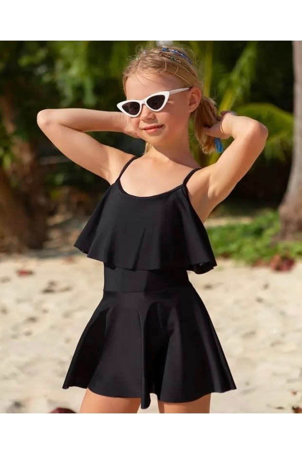 Girl's Black Suspender Shorts and Leggings Stylish Skirted Swimsuit Full Fit