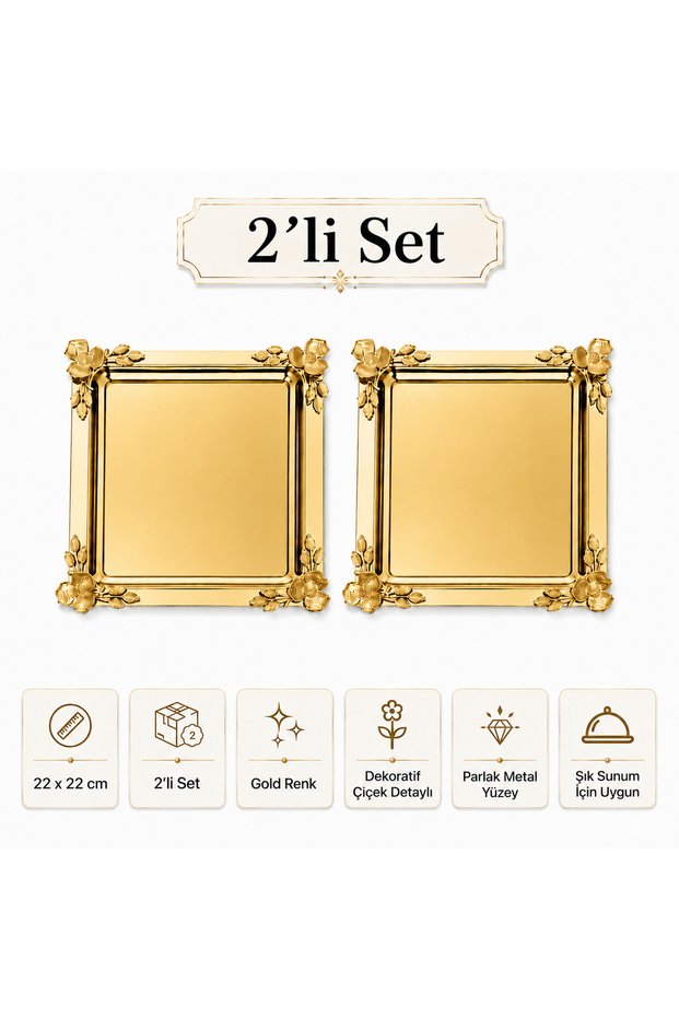 Gold Flower Detailed Square Presentation Tray 22X22 cm Engagement Coffee Tea Dessert Serving Tray